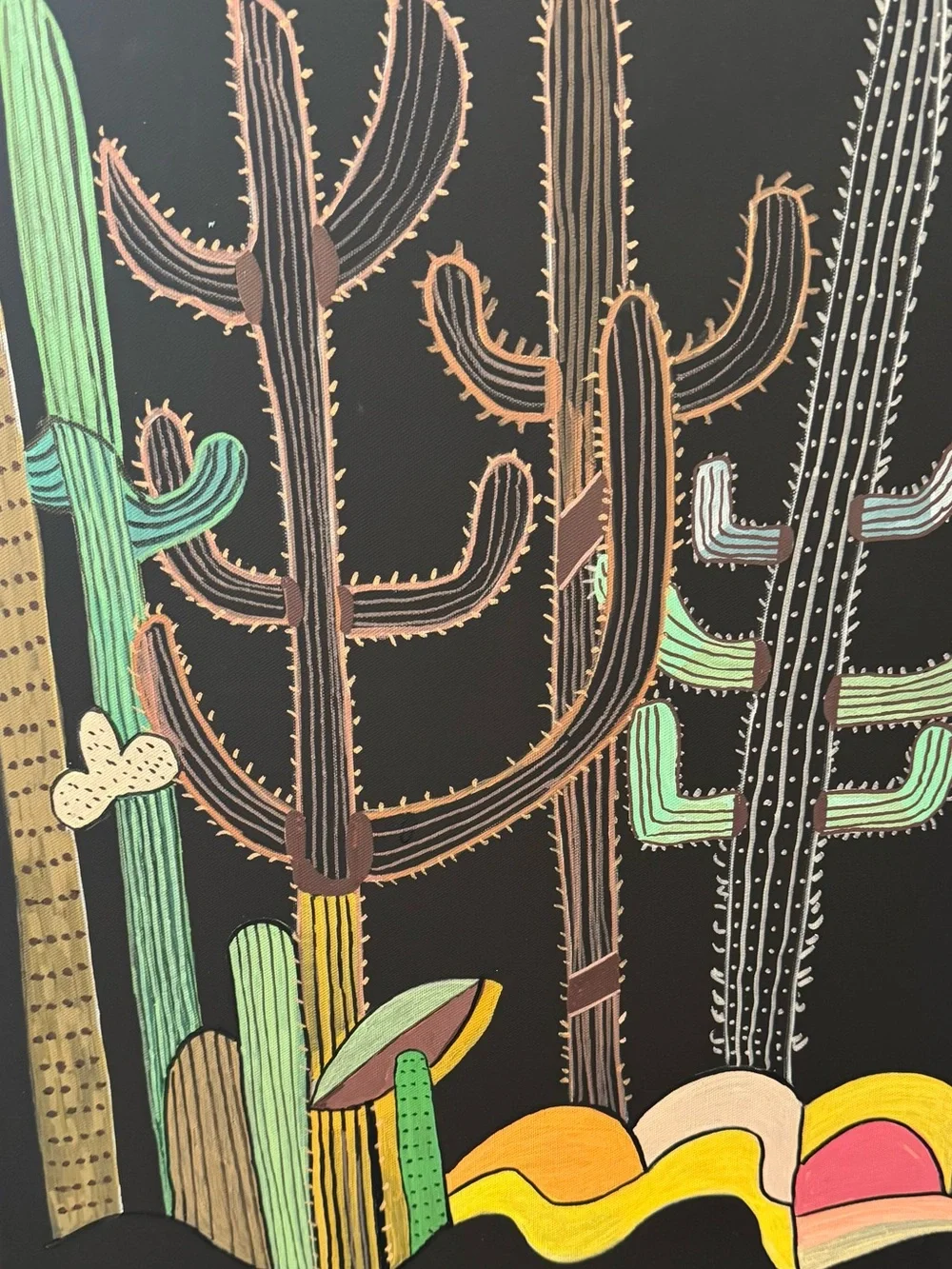 Desert Cactus Wall Art Acrylic Oil - Black with Green, Brown, Yellow & Pink